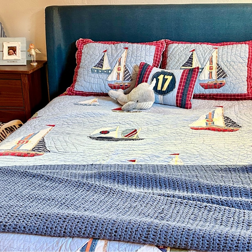 Pottery Barn Kids Queen Quilt, Shams, and Shower Curtain.